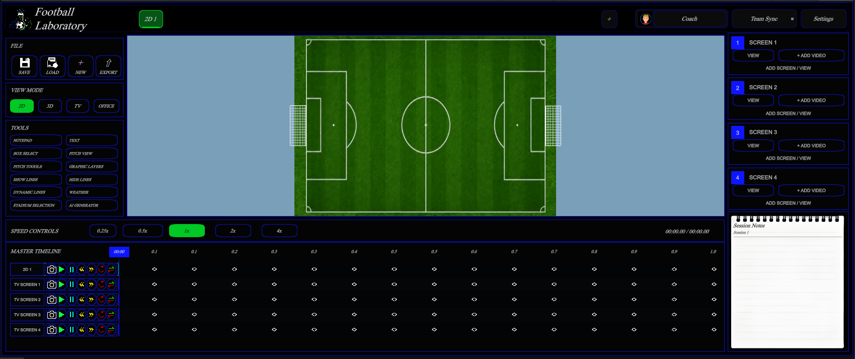 Football Laboratory Unity workspace showing the 2D pitch, four TV screens, controls, session notes and master timeline